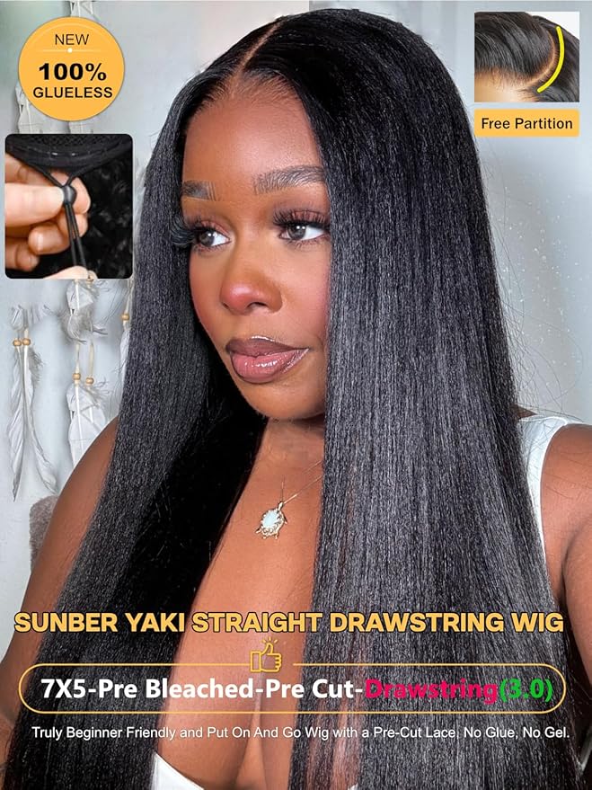 Sunber Yaki Straight Human Hair Bye Bye Knots Pre Cut 7x5 Lace Front Wigs with Drawstring Upgrade 3D Cap Put On and Go 3S Wear Glueless Yaki Wigs Pre Plucked Pre Bleached Invisible Knots 16Inch