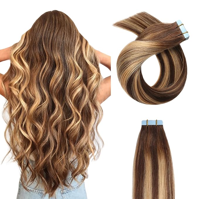 YILITE Tape in Hair Extensions Human Hair 20inch Balayage Dark Brown to Caramel Blonde 100% Remy Human Hair,Straight Skin Weft 20PCS 50Gram Tape ins #P4/27/T4