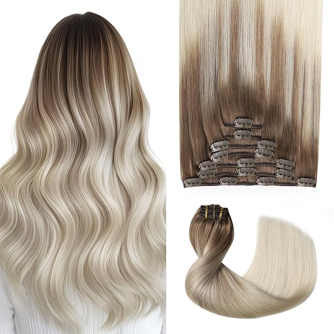 Pro2.0 Clip in Hair Extensions Real Human Hair 20inch 7pcs Color #8/60 Ash Brown to Platinum Blonde Remy Real Human Hair Extensions Clip ins 120g Thick Double Weft（#8/60-20inch）
