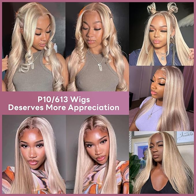 P10/613 Lace Front Wig Human Hair 13x4 Wear And Go Glueless Wigs Human Hair HD Blonde Highlight Lace Front Wig Light Brown Pre Plucked 240% Density (18inch, P10/613 Straight Wig)
