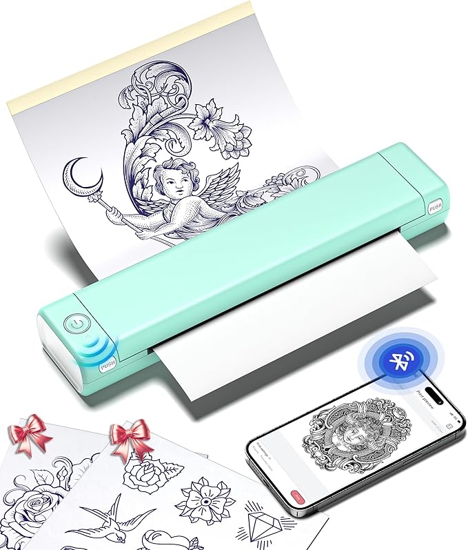 Phomemo Tattoo Stencil Printer, M08F Wireless Thermal Tattoo Printer with 10pcs Transfer Paper, Compatible with Phone/Tablet/PC, Tattoo Supplies for Tattoo Artists & Beginners, Green