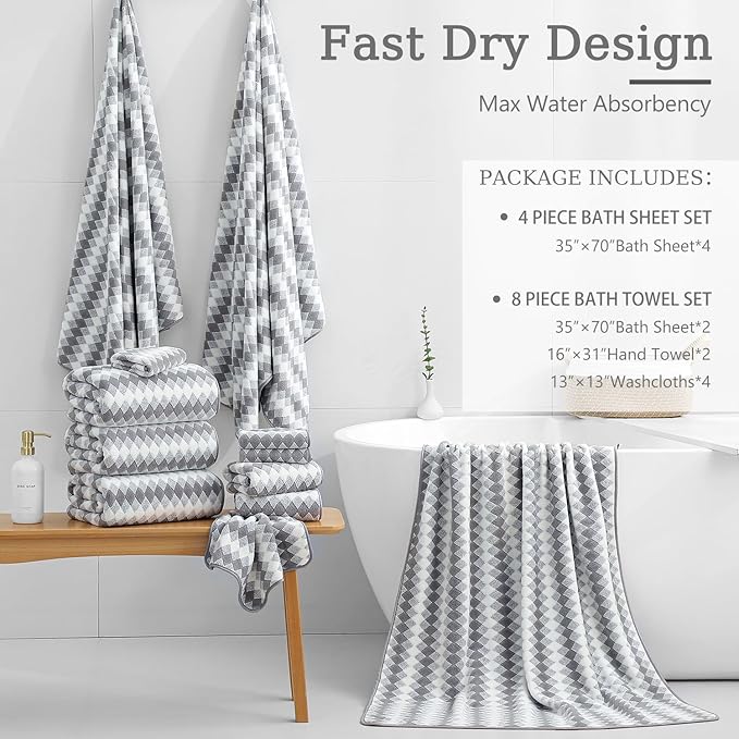 Bath Towel Set Gray 4Pack-35x70 Towel,600GSM Ultra Soft Microfibers Bathroom Towel Set Extra Large Plush Bath Sheet Towel,Highly Absorbent Quick Dry Oversized Towels Spa Hotel Luxury Shower Towels
