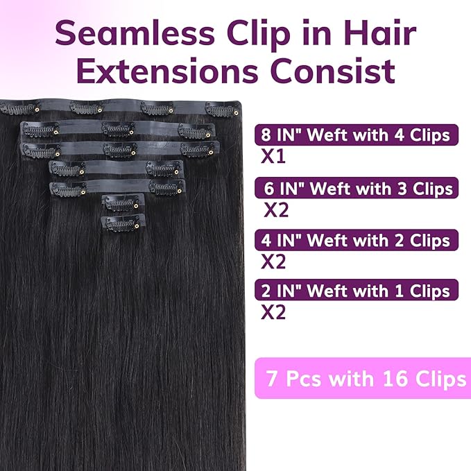 IDN BEAUTY Seamless Clip In Hair Extensions Human Hair, Straight 14 Inch 110g 7pcs Natural Black Real Virgin Human Hair Seamless Clip Ins For Black Women PU Weft Invisible Edge