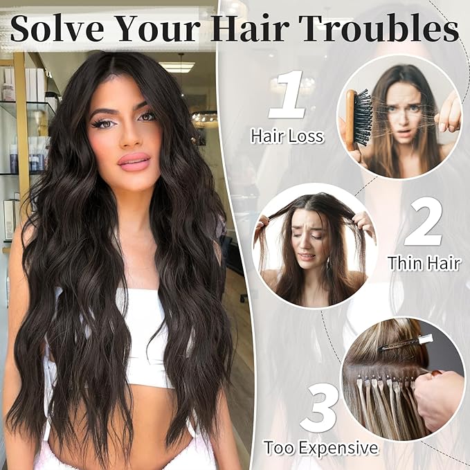 KooKaStyle Invisible Wire Hair Extensions with Transparent Headband Adjustable Size 4 Secure Clips Long Wavy Secret Wire Hairpiece 20 Inch Natural Black for Women