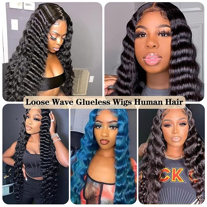 Wear and Go Glueless Wigs Human Hair Loose Deep Wave Lace Front Wigs Human Hair 12A Glueless Wigs Human Hair Pre Plucked Pre Cut 5x5 HD Closure Wigs Bleached Knots 210% Density (24 Inch)