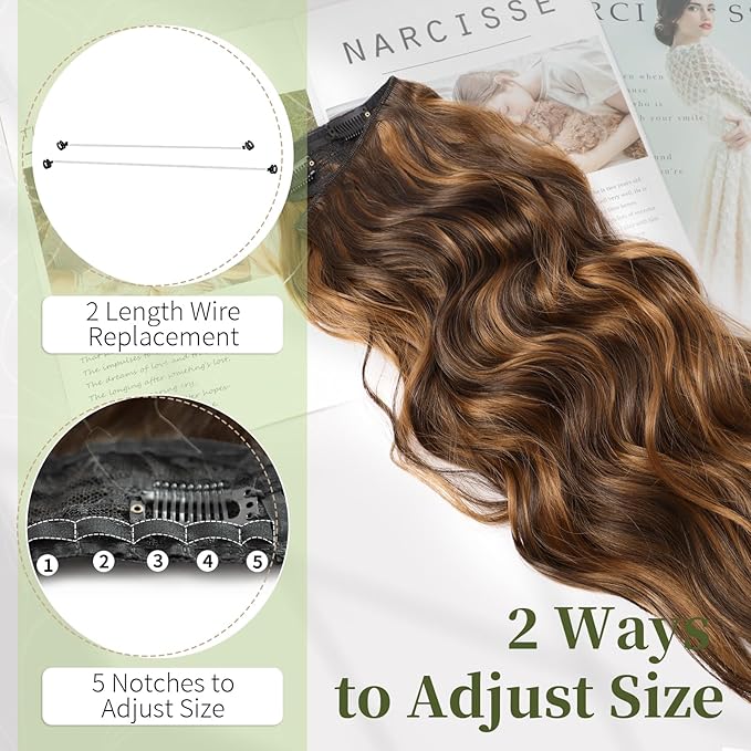 KooKaStyle Invisible Wire Hair Extensions with Transparent Headband Adjustable Size 4 Secure Clips Long Wavy Secret Wire Hairpiece 20 Inch Medium Brown to Caramel Blonde for Women