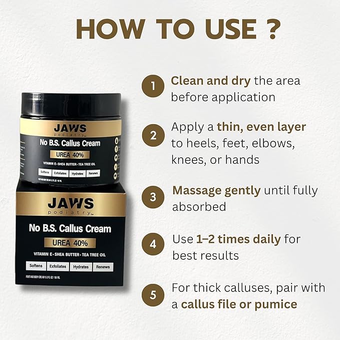 Jaws Podiatry Urea Cream Callus Cream - Foot Cream for Dry Cracked Heels Feet Knees Elbows Hands - 40% Urea Callus Remover For Feet - Soften Exfoliates Hydrates and Renews Skin