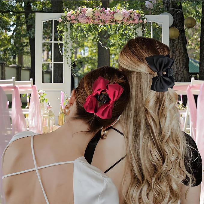 Bow Claw Clip,StrongHold Cute Bow Hair Claw Clips for Women Girls,Nonslip Silky Big Hair Bows Ribbons for Hair Claws,Large Claw Clips for Thick/Thin Hair Styling Accessories Gifts (red,black)