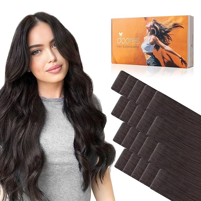 DOORES Invisible Human Hair Extensions Tape in Invisi Edge, Dark Brown 10 Injection Tape-ins with 10 Injection Tape-ins 50g 14 Inch, Injected Tape in Extensions Straight Thick Ends