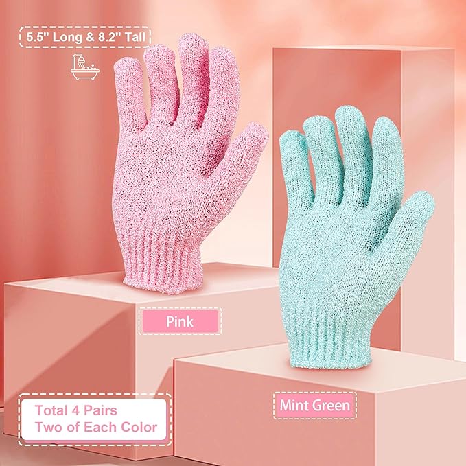 Exfoliating Glove, Exfoliation Mitt, Exfoliating Gloves, 4 Pairs, Pink&Green