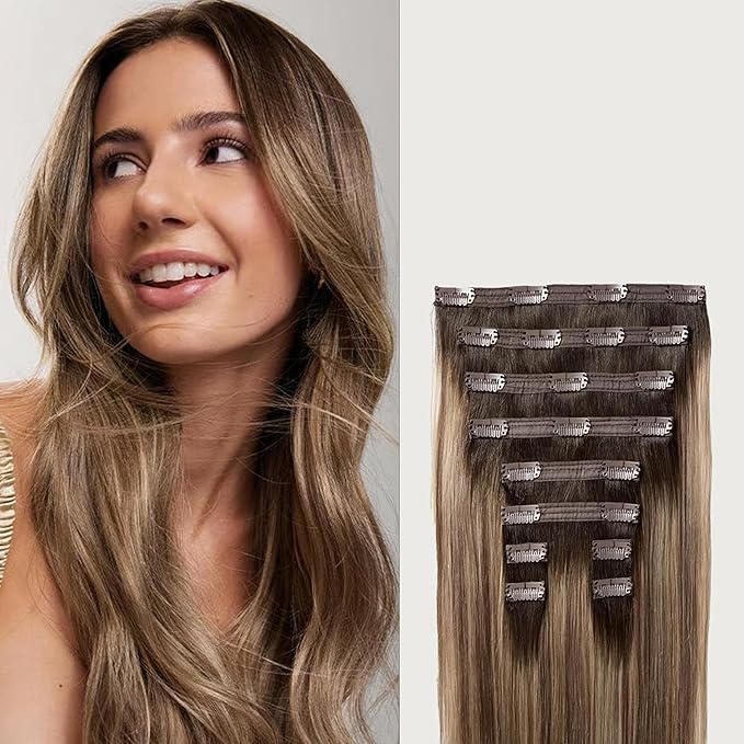 Luxy 100% Remy Human Hair, Classic 160g Clip-In Hair Extensions - 10 Wefts Multi-Dimensional Color for Natural Blending, Adds Volume & Length, Easy Apply & Remove 16" Dimensional Rooted Light Bronde