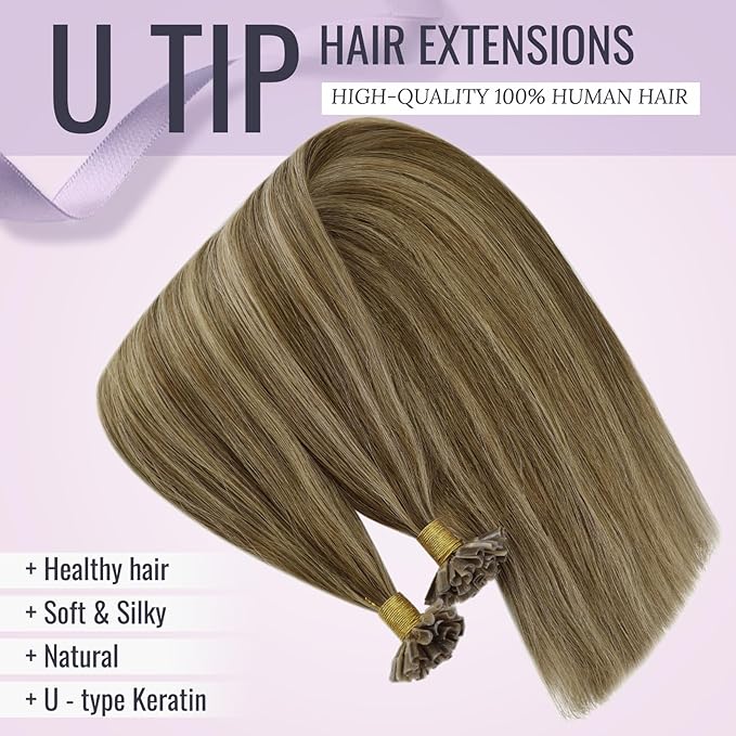 Fshine U Tip Hair Extensions Human Hair 22 Inch Brown Highlighted Honey Blonde Keratin Hot Fusion Hair Extensions Real Human Hair Nail Tip Hair Extension Sraight Human Hair 1g/Strand 50g/Pack
