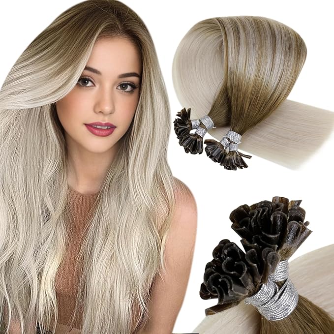 LaaVoo U Tip Hair Extensions Human Hair Light Brown Fading to Light Blonde Ombre Ktip Human Hair Extensions 18 inch 1g/1s 50set