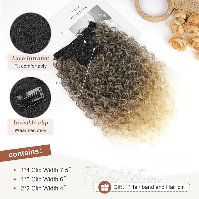 Clip in Hair Extensions, FLUFYMOOZ 4PC 100％ Pure Protein Silk Hair Extensions Long Soft Natural Hairpiece 20 Inch Curly Hair Extension for Women Medium Brown to Ombre Honey Blonde