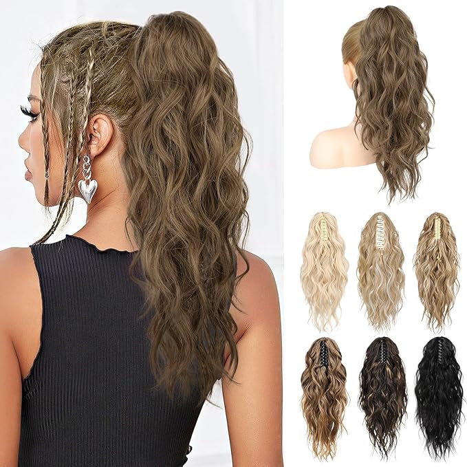 LONAI Ponytail Extension, 18" Wavy Claw Clip Ponytail Extensions ZJ001 Curly Wavy Claw Clip in Ponytail Hair Extensions Synthetic Fake Pony tails Hairpieces-Dark Ash Blonde with Hightlights