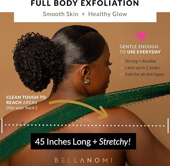 BELLANOMI 4 Piece African Exfoliating Net Sponge Long African Bath Sponge, Authentic Ethically Sourced from Nigeria, Great for Daily Use (Copper Brown, Orange, Green, Yellow)