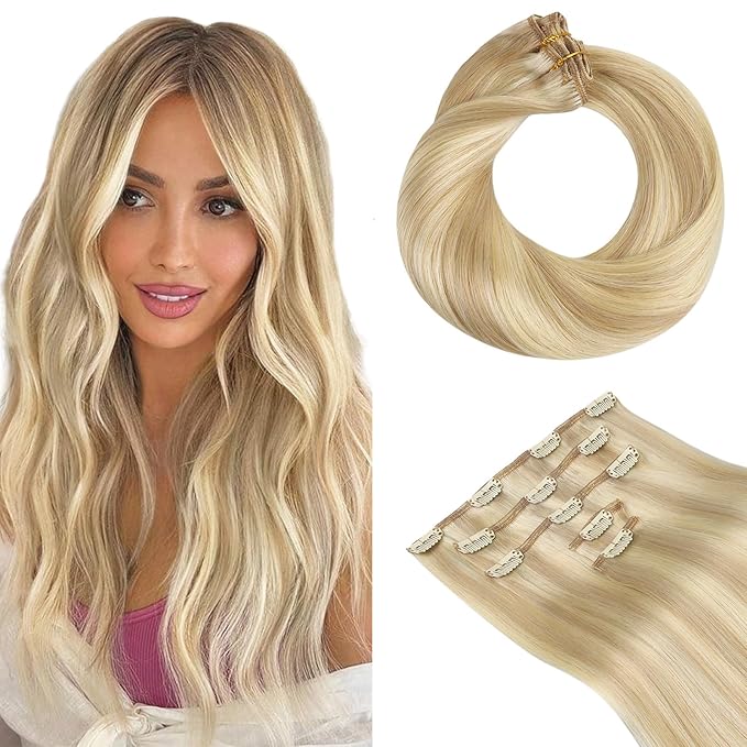 HOTBANANA Real Human Hair Clip in Hair Extensions, 5Pcs 60g 14 Inch Dirty Blonde Mixed Bleach Blonde Straight Remy Clip in Extensions