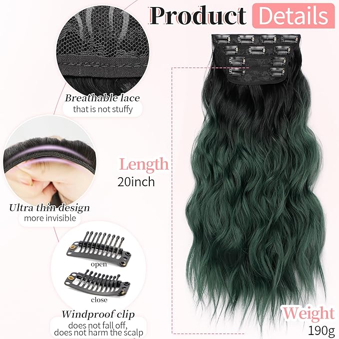 KooKaStyle Clip in Synthetic Hair Extensions Long Wavy 4PCS Thick Hairpieces Black to Green Ombre Fiber Double Weft Natural Hair Extensions 20 Inch for Women