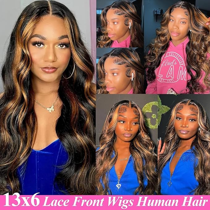 32Inch Highlight 13x6 Lace Front Wigs Human Hair 1B/30 Body Wave HD Transparent Lace Frontal Wigs for Women 180% Density Ombre Lace Front Wigs Human Hair Pre Plucked