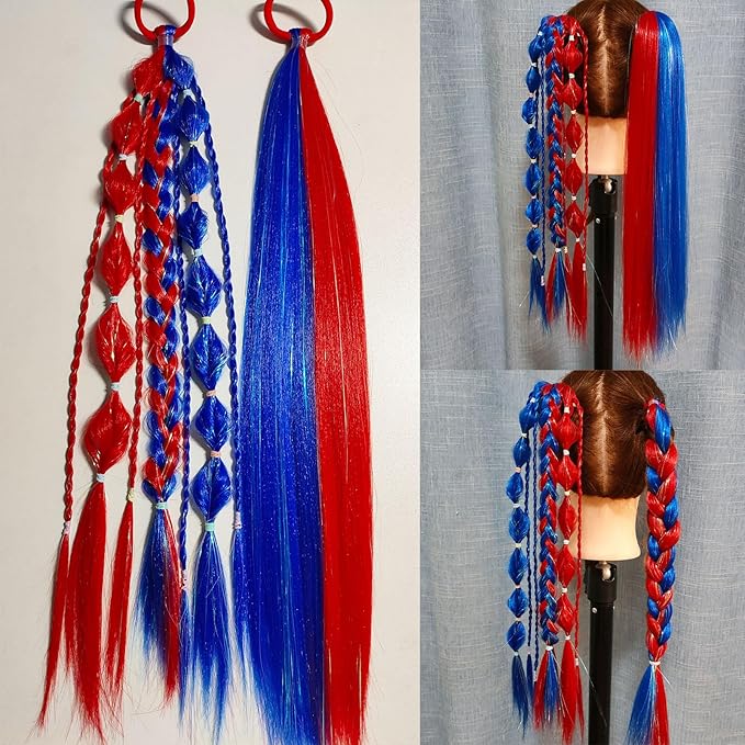 Red and Blue Hair Extensions for Braids Ponytail Extension 2 Packs, 20 inch Crazy Hair Day Accessories for Women, DIY Festival Wacky Rave Braids for Women,Tinsel Mixed