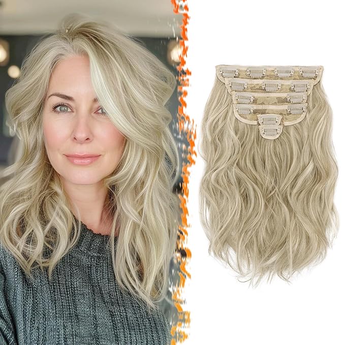BARSDAR Gray Blonde Hair Extensions - 12 Inch Short Wavy Clip in for Women - 6PCs Full Head Thick Synthetic Hairpieces for Daily Party - With Highlights