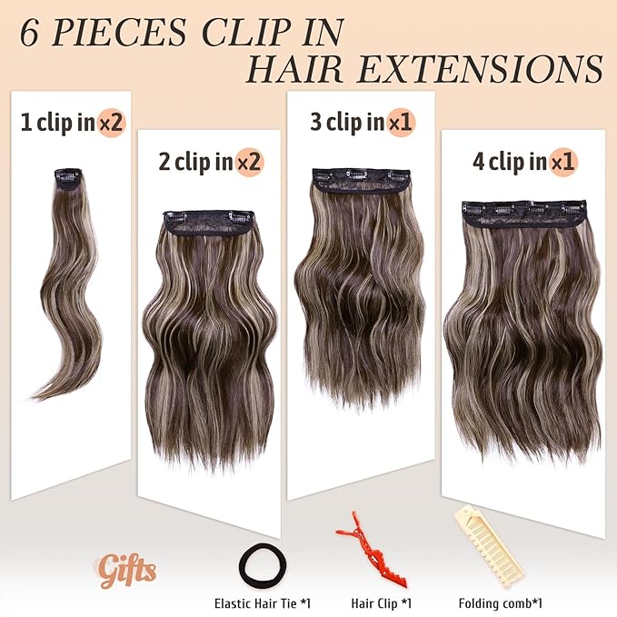 NAYOO Clip in Hair Extensions for Women 14 Inch Short Wavy Curly Dark Brown Mix Blonde Hairpieces Full Head Synthetic Hair Hairpieces(6PCS, Dark Brown Mix Blonde)