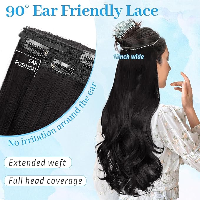 KooKaStyle Invisible Wire Hair Extensions Long Wavy Layered Synthetic Hair Extensions with Transparent Wire Adjustable Size 6 Secure Clips Natural Black Hairpieces for Women 20 Inch