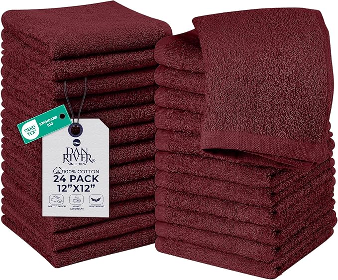 DAN RIVER 24 Pack Wash Cloths for Showering [12x12] - 100% Cotton Washcloths Premium Quality Flannel Face Cloths for Bathroom, Highly Absorbent and Soft Feel Wash Clothes, Pomegranate