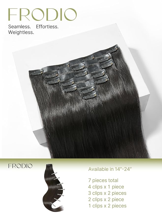 Frodio Clip Ins Hair Extensions Black: Remy Real Human Hair Pu Seamless Silk Long Straight Invisible Full Thick Virgin Brazilian Jet Black Natural Color Beauty For Women Can Be Body Wave 100g 7 Piece