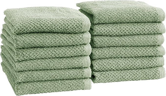 Great Bay Home 100% Cotton 12-Pack 13x13 Wash Cloth - Absorbent, Quick-Drying, Durable Face Towels for Bathroom Decor - Low-Twist, Two-Ply Fibers (Eucalyptus)