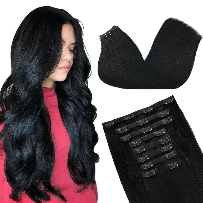GOO GOO Clip in Hair Extensions Real Human Hair, Remy Human Hair Extensions Clip ins for Women, Natural Human Hair, 14inch 150g 9Pcs, #1 Jet Black