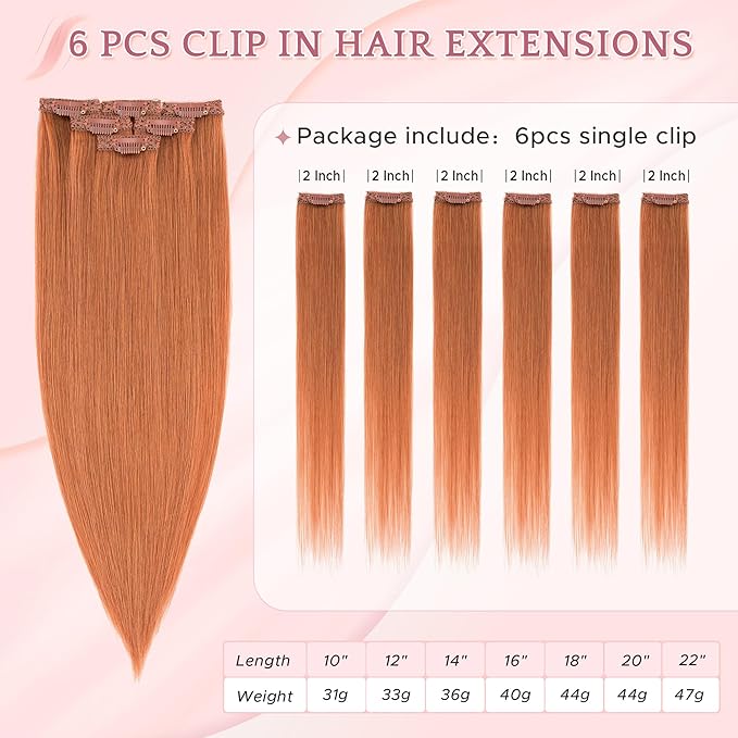 SEGO Single Clip In Hair Extensions Real Human Hair 6 Pcs Individual Clip Ins Highlight Remy Balayage Straight Soft Seamless Hairpieces for Women -18 Inch #33 Dark Auburn