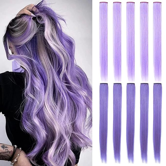 10PCS 20 Inch Lavender Light Purple Hair Extensions for Girls Wig Pieces Clip in Coloured Hair Extensions for Women Colorful Hairpieces Party Highlights Synthetic Multiple Colors