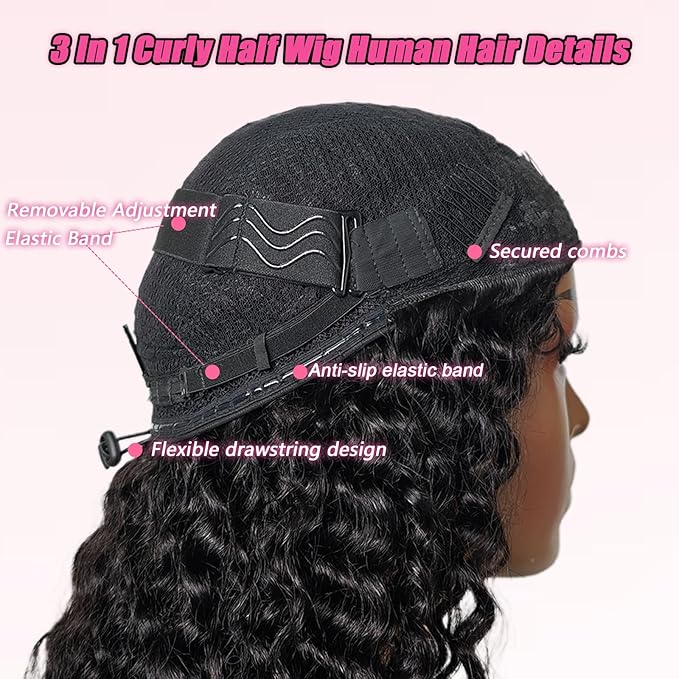 SENSAIRUITE Deep Wave Half Wig Human Hair Curly Half Wigs for Women - Upgrade Drawstring 3 in 1 Seamless Flip Over Glueless Wig 12-inch Natural Black
