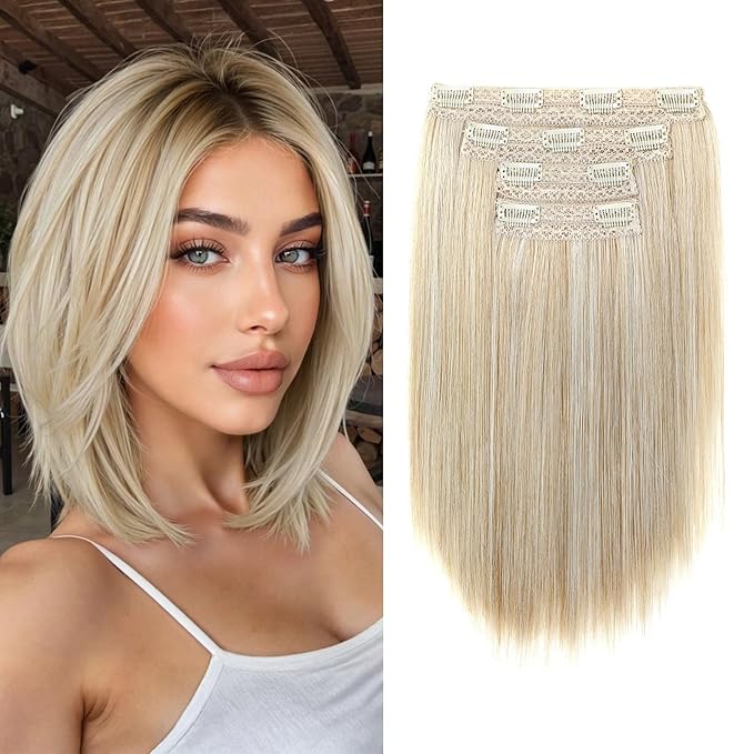 Hair Extensions, 10" Short Clip in Hair Extensions 4PCS Straight Natural Soft Synthetic Hairpiece for Women- Golden Blonde with Highlights