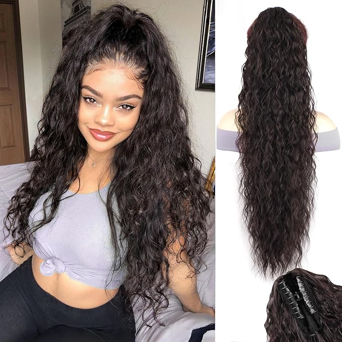 ENBEAUTIFUL 30" Claw Clip Ponytail Extension Long Wavy Ponytail Extension Synthetic Pony Tails Hair Extensions Clip in Hair pieces Fluffy Natural Looking for Women Black Brown