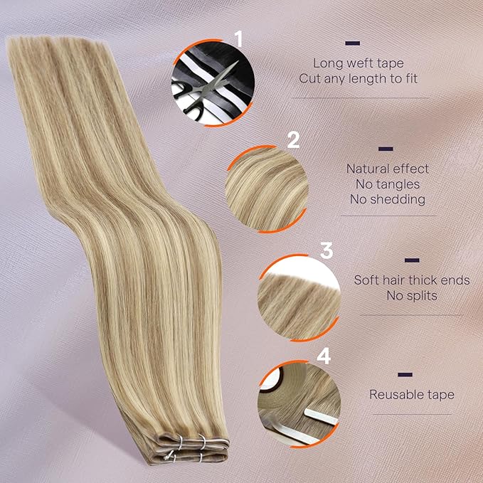 Full Shine Tape in Hair Extensions Human Hair Color 16 Highlight 22 Blonde Long Weft Pu Genius Weft Tape in Extensions Real Human Hair 50G One Piece Remy Skin Weft 20Inch Cuticles Aligned for Women