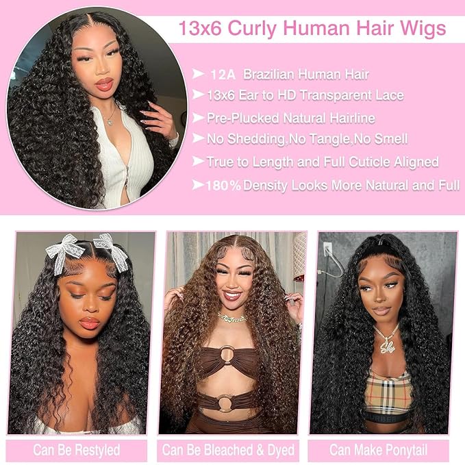 BVLBVL 22 Inch Deep Wave Lace Front Wigs Human Hair Pre Plucked 13x6 HD Transparent Lace Frontal Wigs 180 Density Curly Wig,Real Human Hair No Synthetic Blend No Tangle No Shedding Triple Lifespan 3X