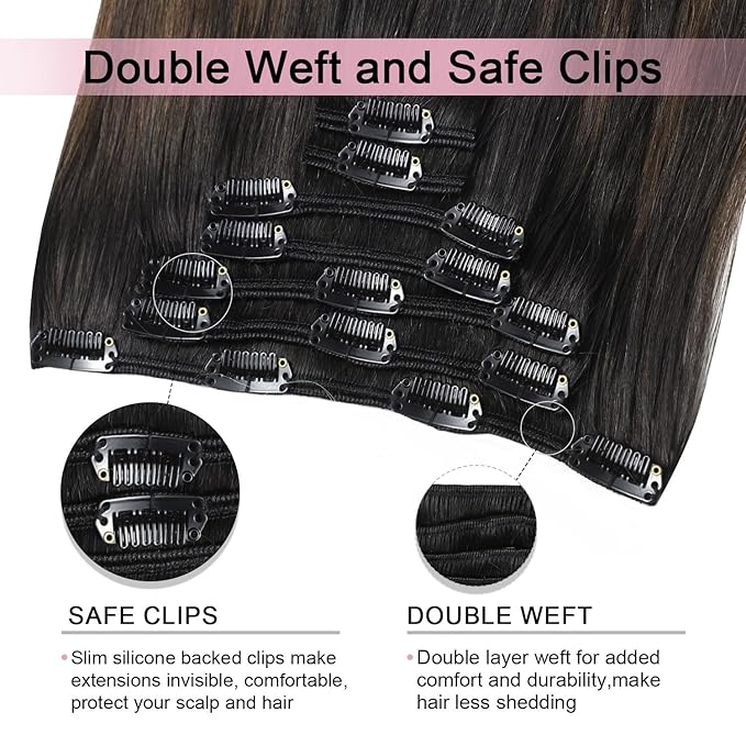 Pro2.0 Clip in Hair Extensions Real Human Hair 20inch 7pcs #1b/4/27 Natural Black to Chocolate Brown and Caramel Blonde Remy Real Human Hair Extensions Clip ins 120g Thick（#1b/4/27-20inch）