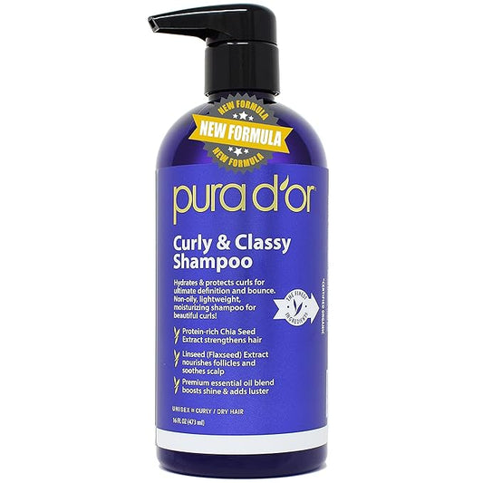 PURA D'OR Curly & Classy Shampoo (16oz) with Argan Oil, Castor Oil, Geranium Oil and Bergamot - Nourishing and Hydrating Formula for Luscious Curls