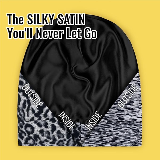 Satin Lined Sleep Cap Bonnet for Curly Hair and Braids, Stay On All Night Hair Wrap with Adjustable Strap for Women and Men, Grey and Black Leopard, Pack of 2