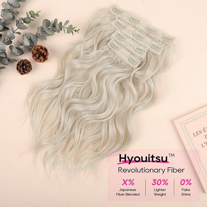 REECHO 14" Short Beach Wavy Hair Extensions - 4PCS Clip in Invisible Lace Weft Natural Soft Hairpieces for Women - Pearl Platinum
