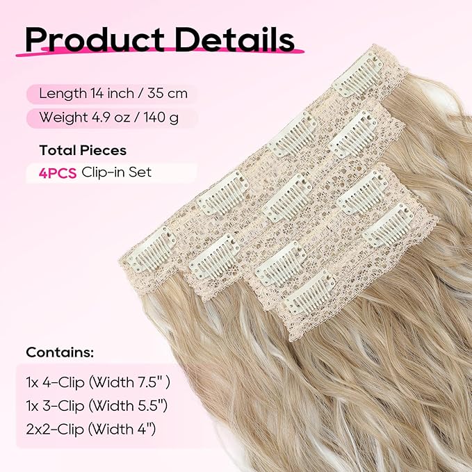 REECHO Clip in Hair Extensions, 4PCS Hair Extensions 14" Short Wavy Invisible Lace Weft Natural Soft Hairpieces for Women – Ash Blonde with Highlights