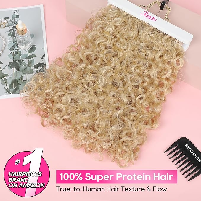 REECHO Curly Hair Extensions - 4PCS 18" GoGo Curly Clip in Hair Extensions 100% Super Protein Hairpieces with Invisible Lace Weft Silky Soft Natural Look for Women - Light Golden Blonde