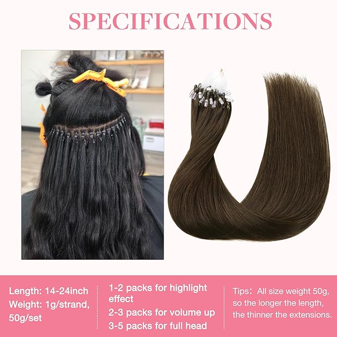 GOO GOO Micro Link Tip Hair Extensions, Real Human Hair, 14inch 50g 50S, Cold Fusion, Invisible Remy, 4A Chocolate Brown