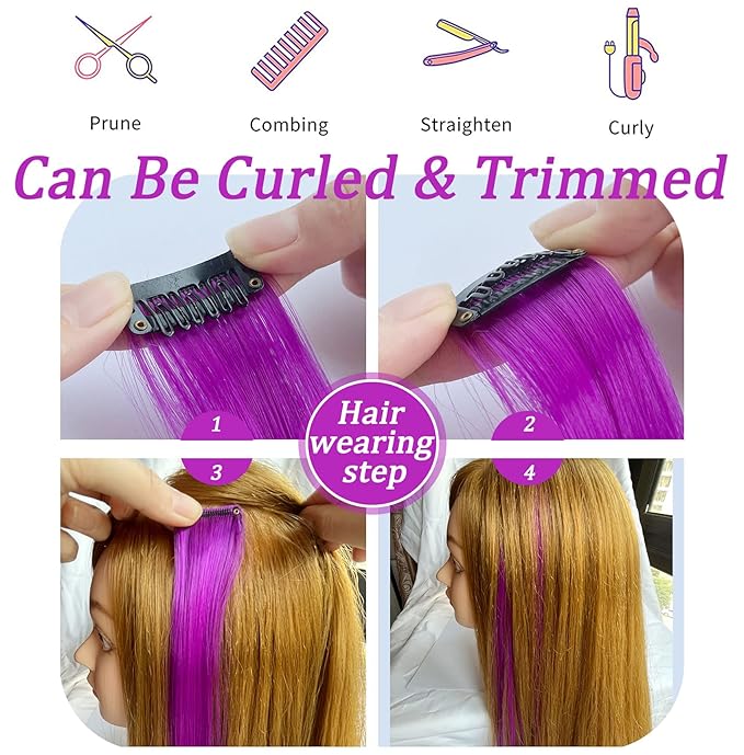 12 PCS 20 inch Blue&Purple&Lavender&Light Purple Wig Pieces Colorful Party Highlights Clip in Coloured Hair Extensions Multicolors Straight Synthetic Hairpieces for Women Kids Girls