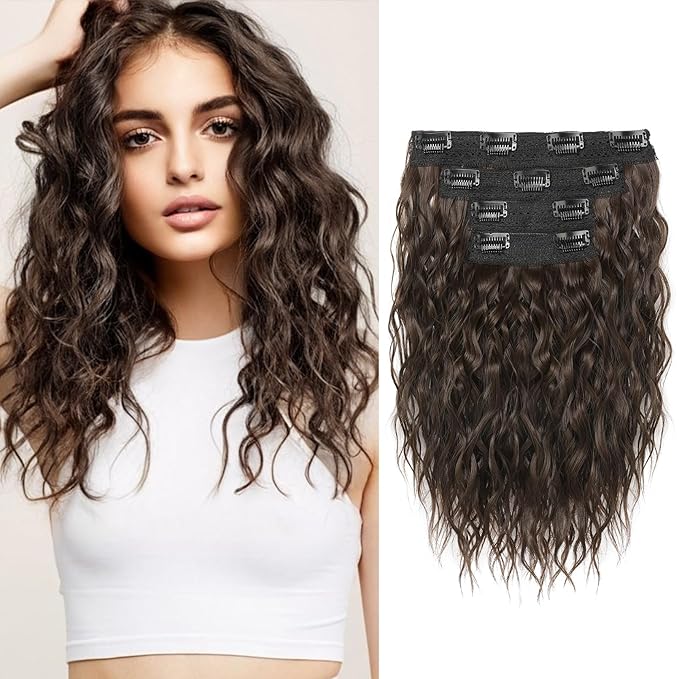 REECHO Hair Extensions, 4PCS Clip in Hair Extensions 12" Short Curly Wavy Brown Invisible Lace Weft Natural Soft Hairpieces for Women – Chestnut Brown