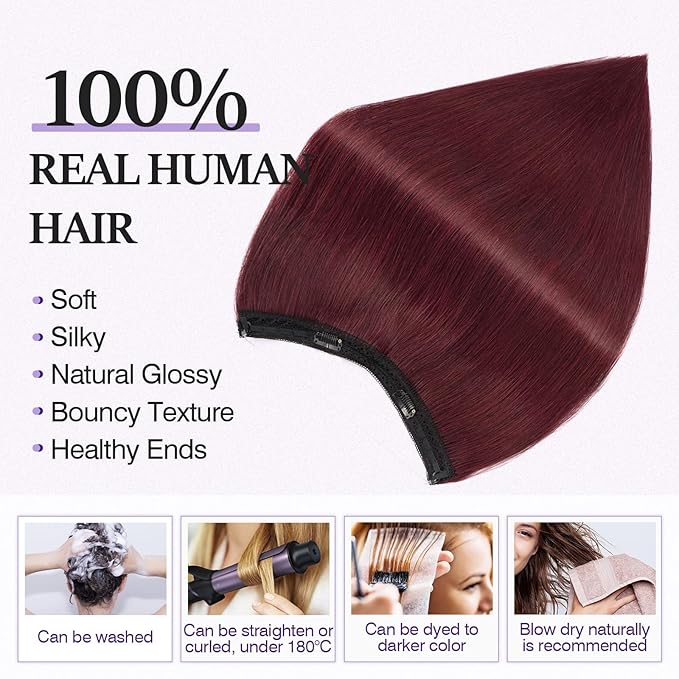 Halo Hair Extensions Real Human Hair,Halo Hair Extension 100% Human Hair,Wire Hair Extensions,Thicker 99J Burgundy Wine Red 14inch/70g