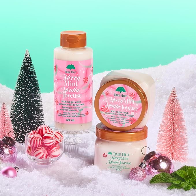 Tree Hut Merry Mint Shea Sugar Scrub, Exfoliating & Hydrating Body Scrub with Shea Butter & Essential Oils, Smooth Skin, For All Skin Types, Holiday Gift & Stocking Stuffer, Vegan, 18 oz
