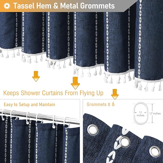 BTTN Boho Shower Stall Curtain - 36x72 Narrow Linen Ultra Thick Striped Tassel Fabric Shower Curtain Set with 6 Hooks, Half Modern Farmhouse Cottage Weighted Shower Curtains for Bathroom - Navy Blue